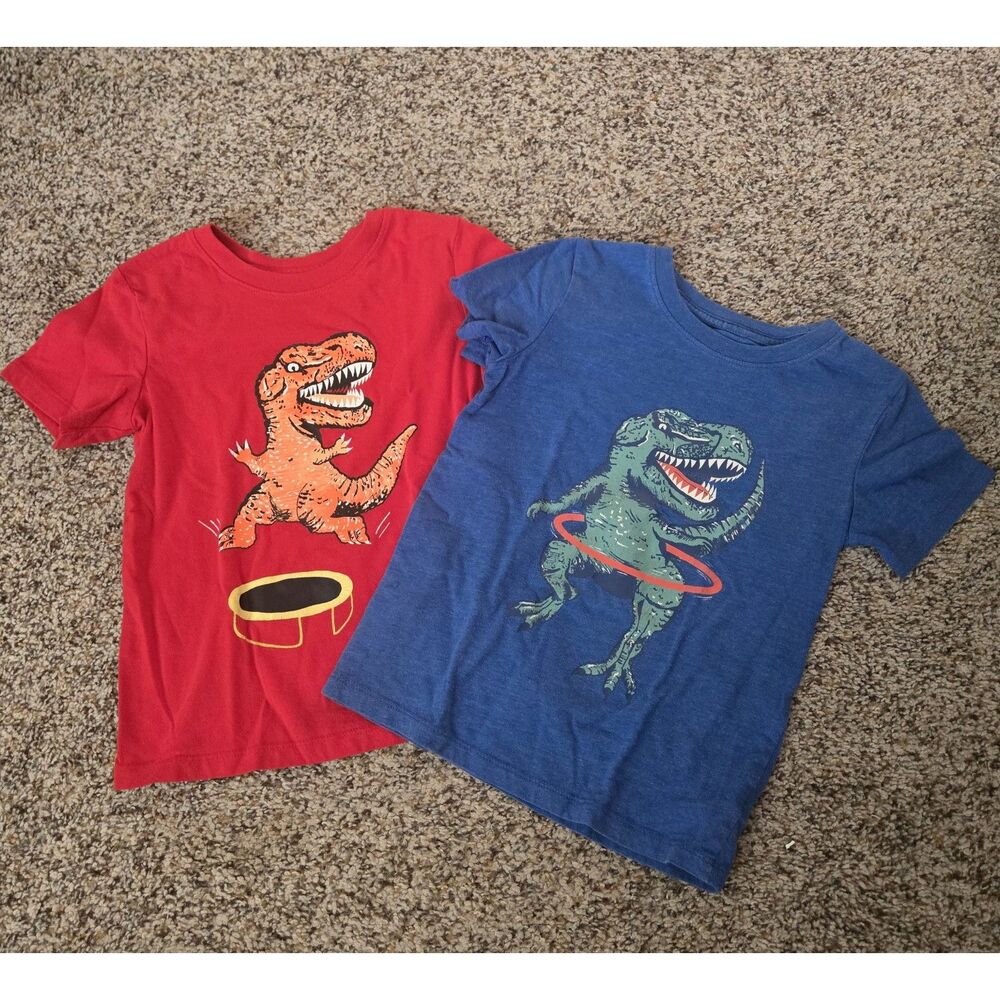 Lot of 2 Cat & Jack Toddler Boys Dino Graphic Tee Shirts Red and Blue Size 5T